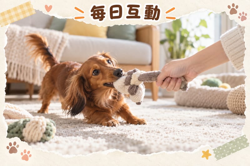 Owner doing a short training session with a long-haired Dachshund using treats in the living room, dog sitting attentively and waiting
