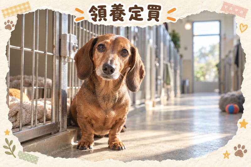 Prospective owner discussing adoption procedures with a volunteer at an adoption centre, with a dachshund waiting for adoption in the background