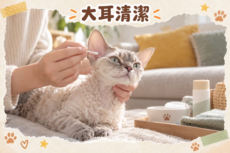 Owner gently cleaning the large ears of a Devon Rex with pet ear cleaning solution and cotton