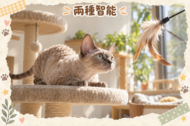 Devon Rex jumping onto the top of a Hong Kong home bookshelf, looking curiously at the camera, demonstrating their love of jumping high