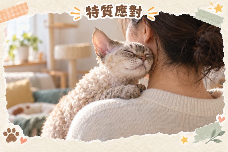 Devon Rex interacting with a child on the living room rug, an adult supervising nearby, relaxed atmosphere