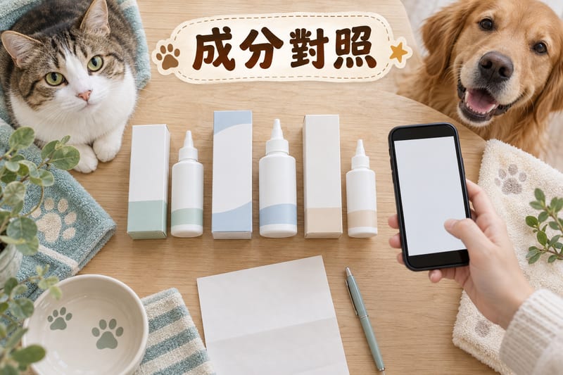 木枱上攤開幾支耳部護理產品嘅成分標示,主人用手機拍下成分表逐項比對