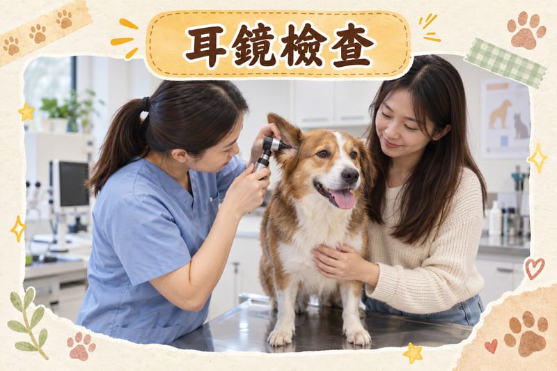 獸醫診所檢查室,獸醫用耳鏡檢查狗狗耳道,主人喺檢查枱旁抱住狗狗