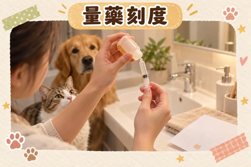 主人喺浴室燈光下將口服針筒貼住藥水樽口抽藥，眼神望住刻度，旁邊放住一張寫住體重公斤數嘅紙