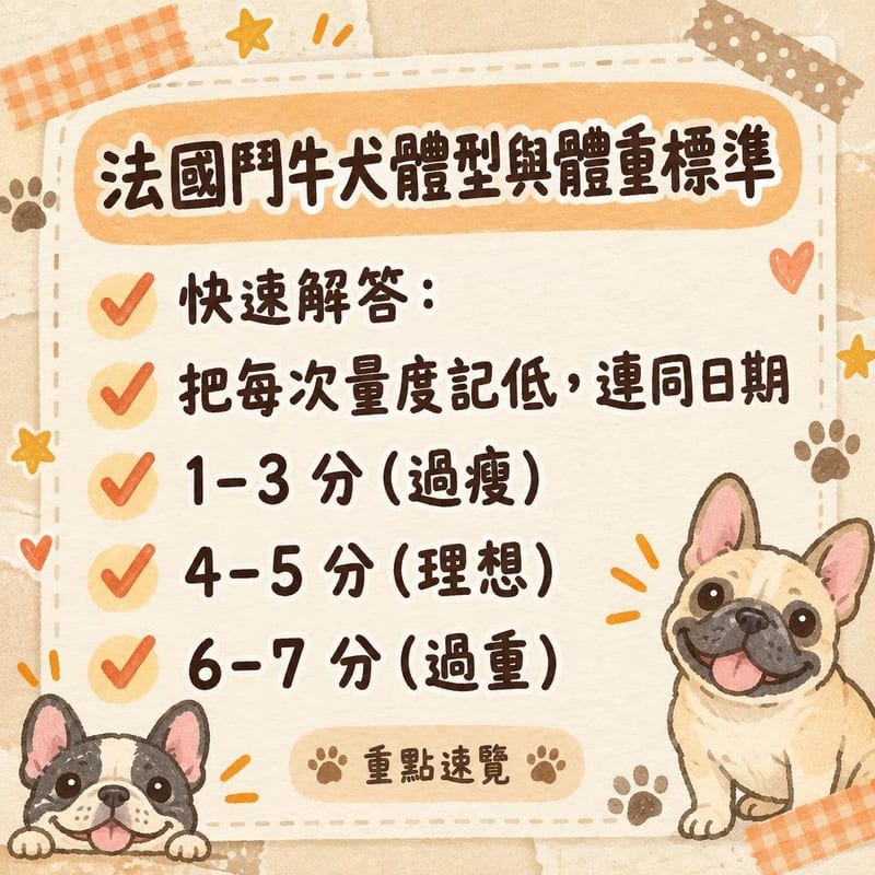 一隻八個月大嘅法國鬥牛犬幼企喺寵物秤上，主人用軟尺量度胸圍，背景係屋內防滑墊