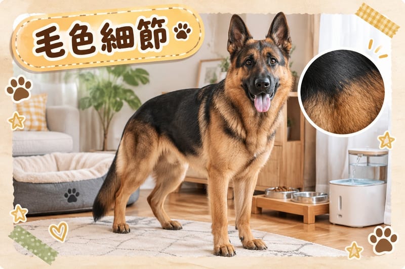 三隻唔同月齡嘅德牧幼犬排成一行:深色奶仔、過渡期、同成品黑褐色,旁邊有月齡標籤