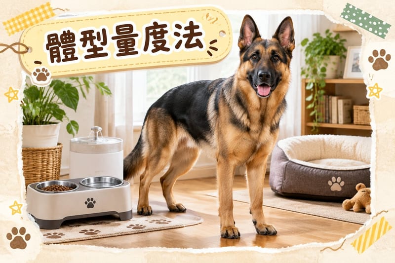主人用廚房秤為德國牧羊犬分配早晚兩餐,枱面有每月體重記錄表同量杯