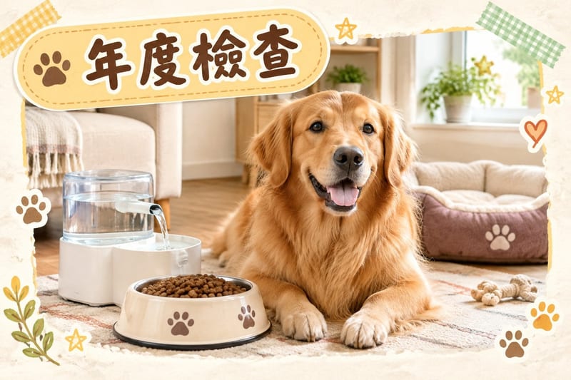 年屆十歲嘅金毛老年犬瞓喺家居防滑軟墊上,旁邊有升高食碗同小夜燈