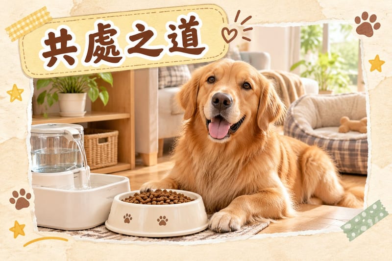 一隻金毛成犬安靜瞓喺港式家居木地板上,旁邊有漏食玩具同牽繩
