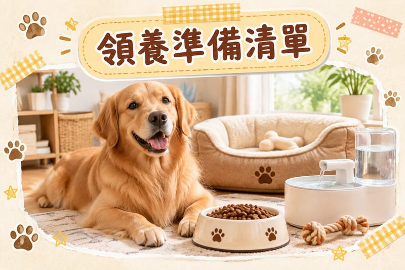 一隻金毛幼犬喺寵物店門口檢查疫苗手冊,主人旁邊核對文件
