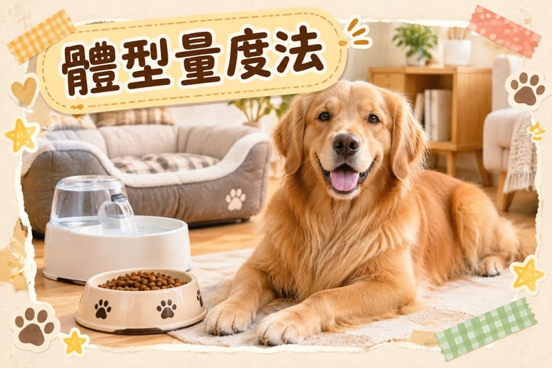 一隻一歲金毛成犬企喺家居防滑墊旁邊,主人用軟尺量度腰線