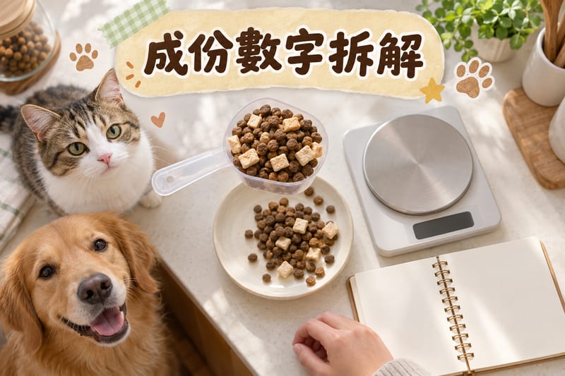 量匙盛住深褐色乾糧，混有淺色凍乾小粒，枱面有筆記簿同電子磅記錄每日份量