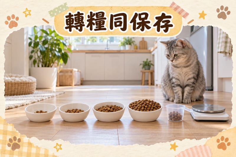 四個白碗喺廚房地板排開，乾糧份量由少到多，旁邊有量匙同電子磅