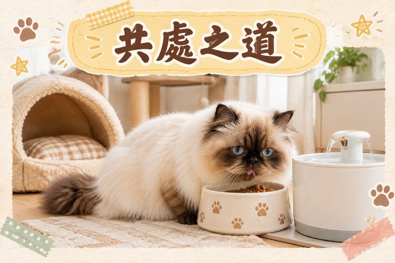 地板上兩隻喜馬拉雅貓各自瞓喺自己嘅窩,中間隔住一個貓玩具,神色放鬆