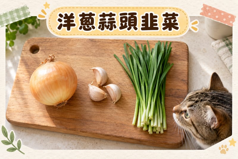 廚房檯面上一顆洋蔥、幾瓣蒜頭同一把韭菜並排放喺砧板上，旁邊有一隻貓好奇望住