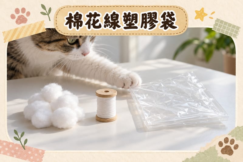 白色檯面上放住棉花球、一綑幼線同一個半摺嘅透明塑膠袋，旁邊有一隻貓伸出前爪想撥弄