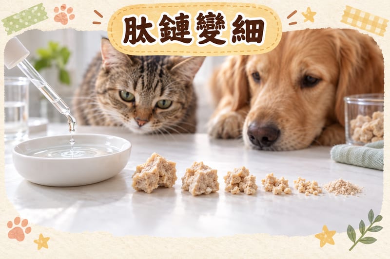水解蛋白分子被切細嘅示意場景:玻璃滴管將液體滴入淺碟,旁邊排列由粗到細嘅顆粒