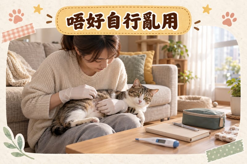 主人戴即棄手套為貓咪檢查傷口,沙發旁放有記錄紙、寵物溫度計同收好嘅急救盒