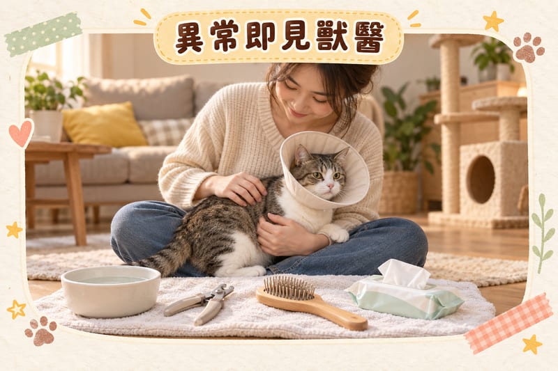 主人抱住短毛家貓戴軟身頭罩,旁邊放有已洗淨嘅指甲剪、除毛梳同寵物濕紙巾