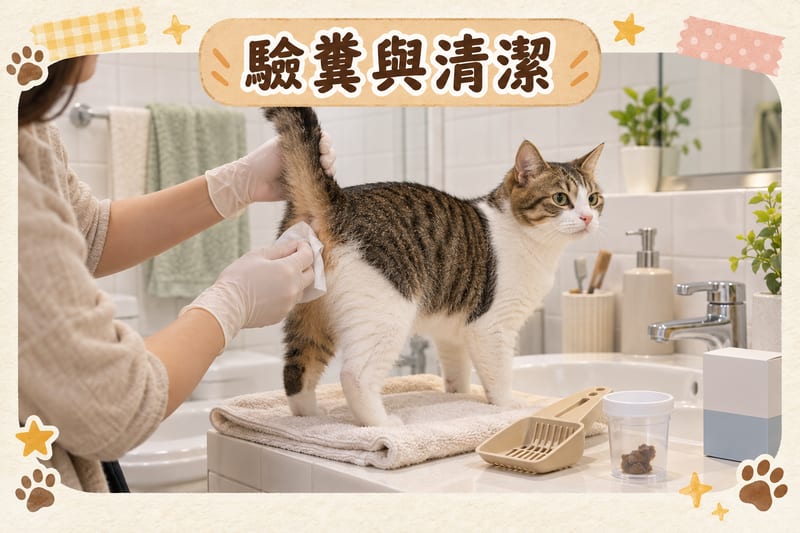 家居浴室內,主人戴住手套用濕紙巾清潔短毛貓嘅肛門周圍,檯面放住驗糞樣本瓶同一盒杜蟲藥片,旁邊有砂鏟