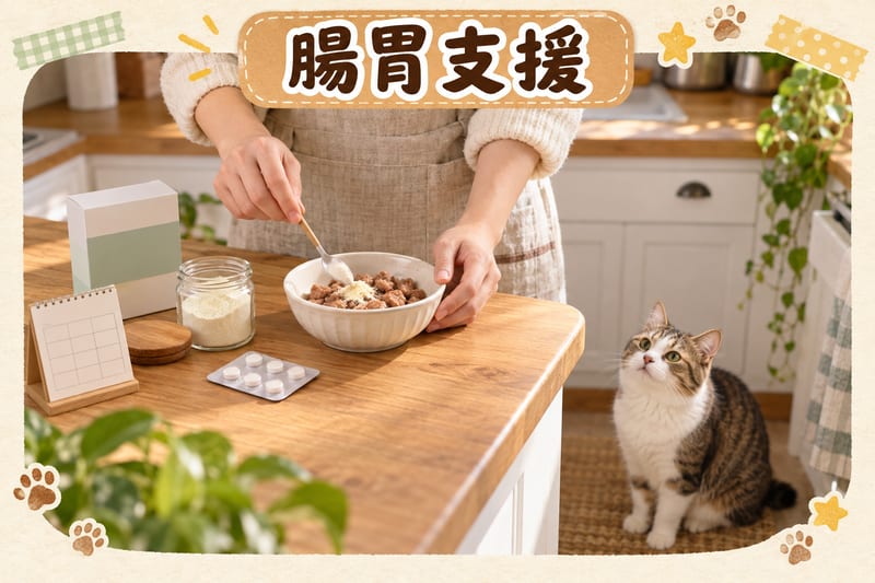 主人喺廚房檯面將益生菌粉拌入貓咪濕糧碗,旁邊放有杜蟲藥盒同寫住日期的紀錄卡,貓咪喺旁等待