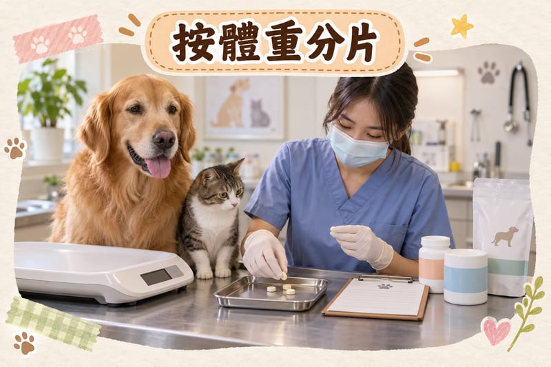 獸醫診所診檯上擺放住杜蟲藥片、寵物體重磅同紀錄卡，獸醫助理正按體重核對藥量