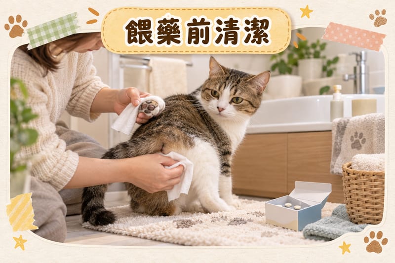 香港家居浴室內，主人用濕紙巾清潔短毛貓嘅爪同肛門周圍，旁邊放住一盒杜蟲藥片，準備餵藥前準備