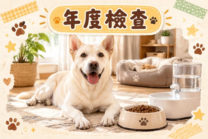 獸醫為一隻老年拉布拉多做年度檢查,主人在旁記錄體重同飲食數據