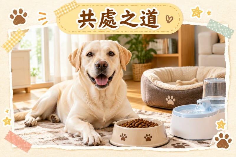 主人用漏食玩具訓練拉布拉多，狗專注用鼻爪撥動玩具，客廳環境整齊