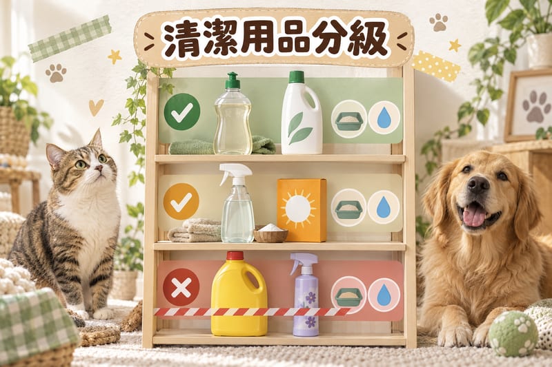 砂盆清潔用品按使用頻率分級示意,由日常洗碗液到只可偶爾使用嘅漂白水分開排列