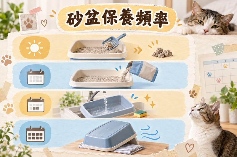 砂盆保養頻率時間表示意,由每日鏟砂到每 3 至 6 個月檢查盆身分層排列