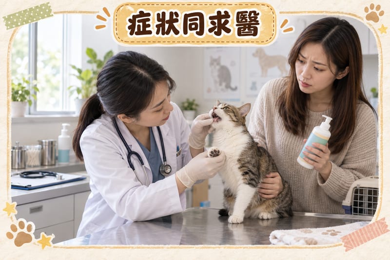 獸醫檢查貓咪口腔黏膜同爪墊,主人手持清潔產品標籤喺旁邊等候