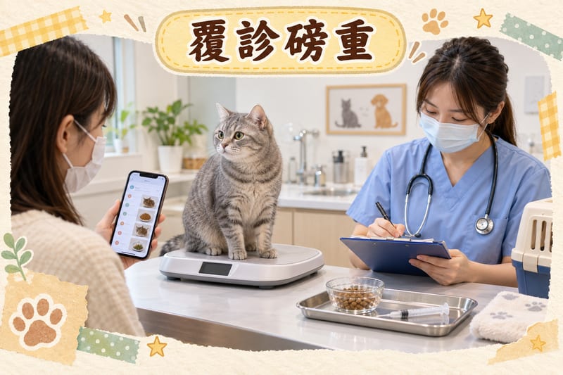 獸醫診所內主人為貓咪磅重並翻查每日食量紀錄