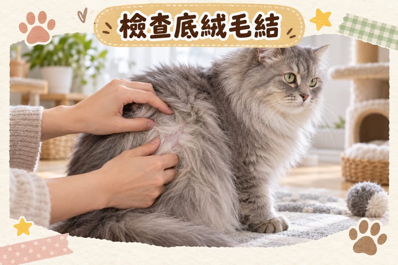 主人用手指揭開灰色長毛貓腰側底層絨毛，近距離檢查有否細小毛結同皮膚狀況