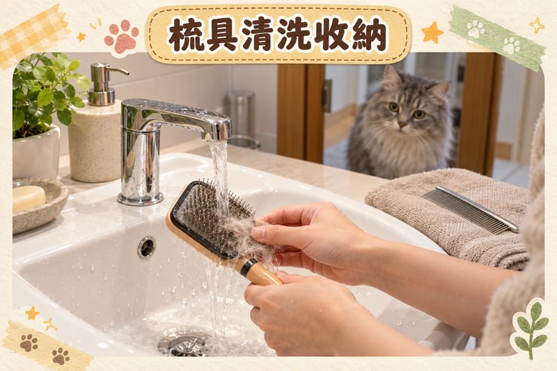 梳具保養情景：主人喺洗手盆用溫水清洗針梳梳齒，旁邊放有抹乾用嘅毛巾同已收納好嘅排梳