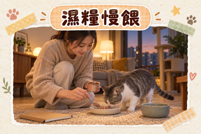 香港家居客廳黃昏時分，主人將小份濕糧舀入陶瓷碟，一隻灰白虎斑貓低頭試食，旁邊放住水碗同記錄用嘅小簿