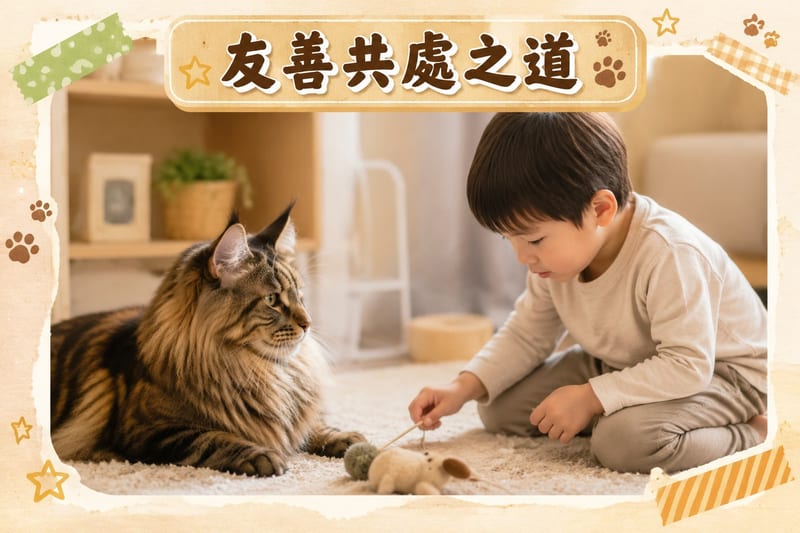 主人用羽毛逗貓棒與站立躍起的緬因貓互動玩耍
