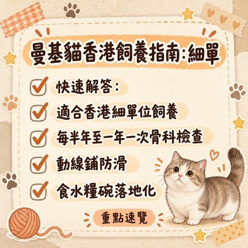 港式細單位客廳：短腿曼基康貓行過鋪咗防滑墊嘅動線，梳化旁擺著小貓梯