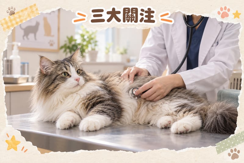 Veterinarian checking hip joint mobility in an adult Norwegian Forest Cat, assessing hind limb coordination