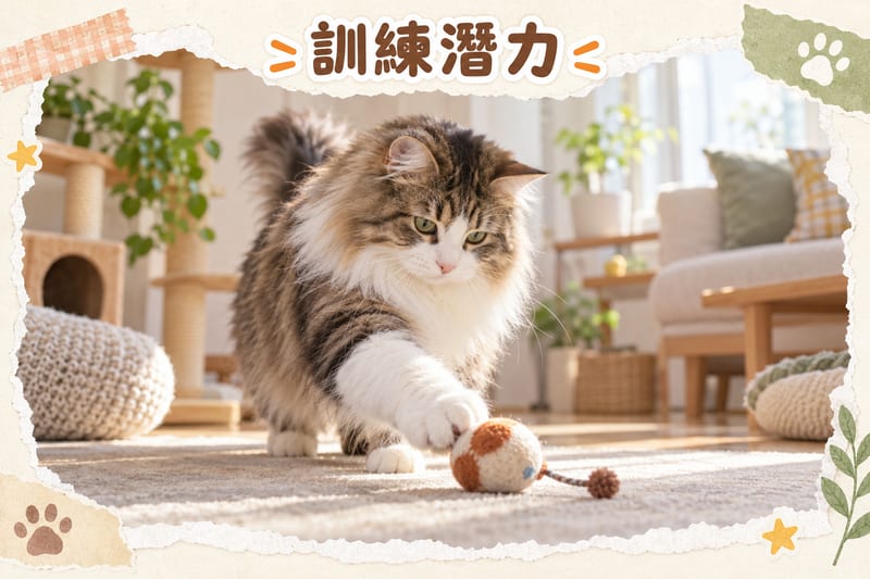 Owner playing a puzzle game with a Norwegian Forest Cat using a treat-dispensing ball; it uses its front paws to bat out treats