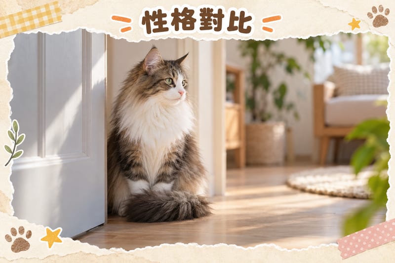 Norwegian Forest Cat and child quietly coexisting at a distance, resting on the carpet
