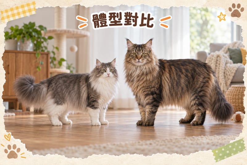 Adult Norwegian Forest Cat standing next to a small domestic cat, contrasting size difference