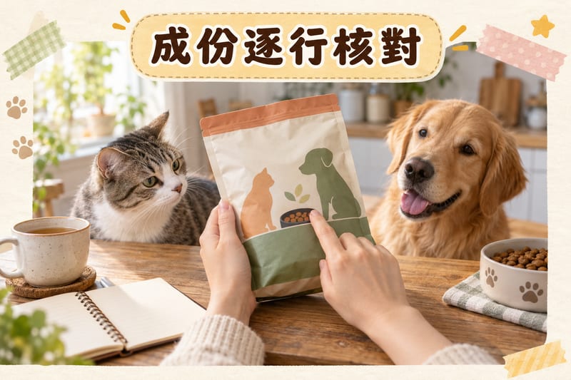 主人手持貓糧包裝,用手指逐行指住成份表核對,木枱上放住筆記簿同一杯茶