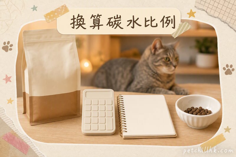 A cat food bag, calculator and notebook full of numbers on a wooden table, with a small bowl of kibble beside them