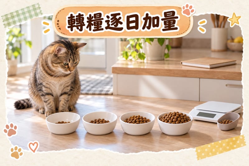 香港家居廚房,主人用電子磅將貓糧分成四份放喺四個白碗,旁邊一本筆記簿記錄便便狀況,一隻虎斑貓坐喺旁邊