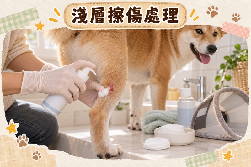 主人喺香港住宅浴室,戴即棄手套用泡沫劑型護理產品噴喺短毛唐狗後腳一處淺層擦傷表面,旁邊放住生理鹽水、棉花同收起標籤嘅瓶身,白色磁磚背景