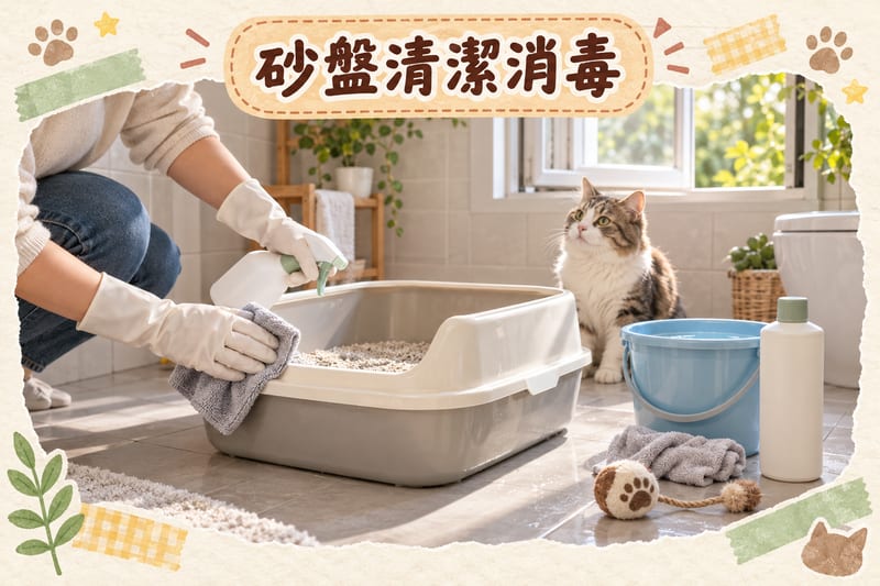 主人戴手套用噴霧清潔貓砂盤邊緣同外殼,砂盤移喺浴室地上,旁邊放住清水抹布、已洗淨嘅貓玩具同密閉清潔瓶,通風窗打開