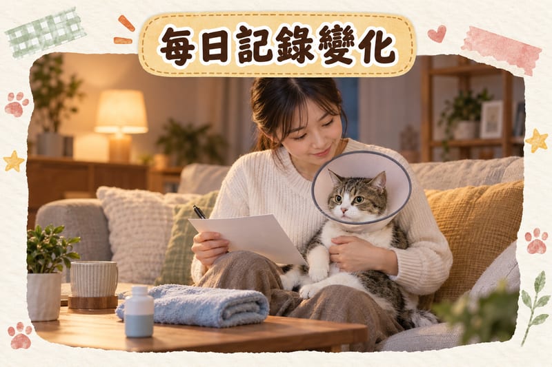 主人抱住戴軟身頭罩嘅短毛家貓坐喺梳化,一手輕扶貓背,另一手拎住記錄紙同筆,茶几上放住洗淨嘅抹布、毛巾同已收起標籤嘅護理瓶,暖色客廳燈光