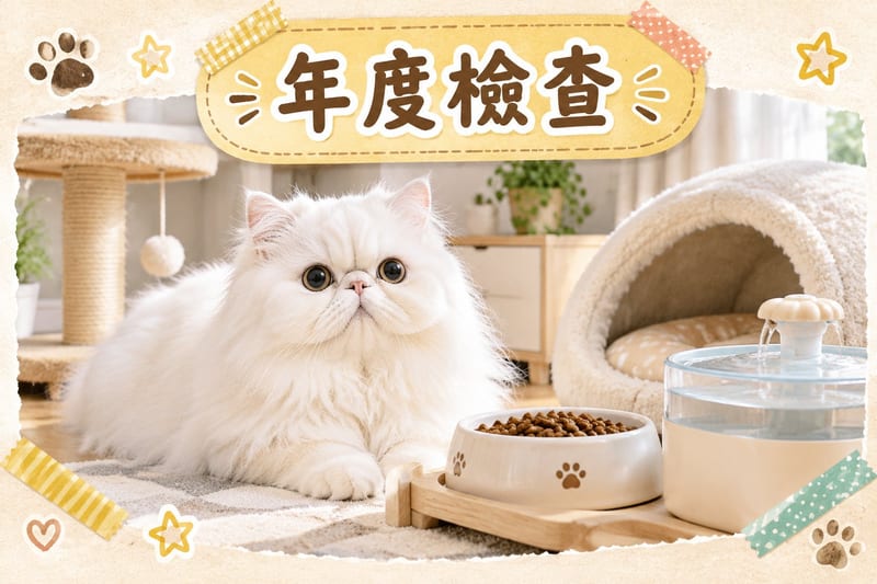 超聲波螢幕顯示貓腎部影像,旁邊放住驗身報告同老年貓糧碗