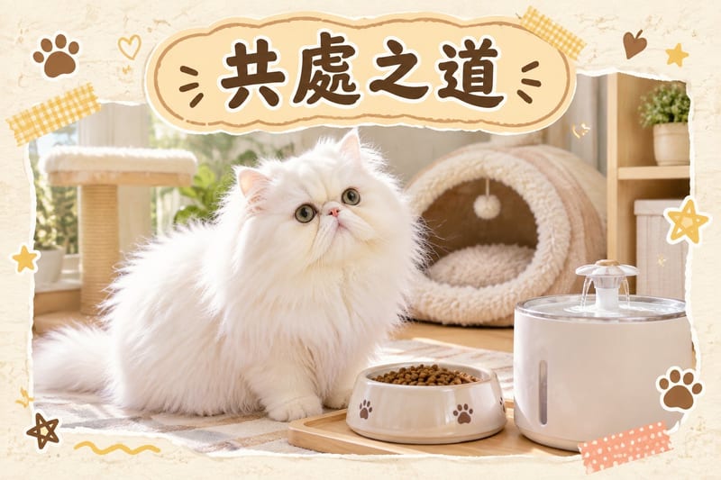 兩隻波斯貓各自瞓喺梳化兩端,中間隔住貓玩具,暖色燈光,氛圍寧靜